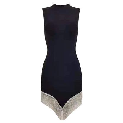 New Women Round Neck Irregular Rhinestone Tassel Multicolor Skinny Sleeveless Dress