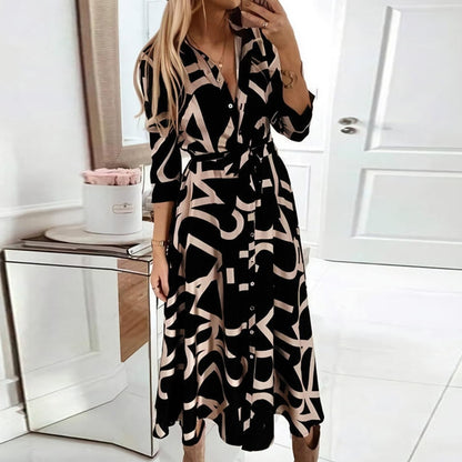 Women Elegant Button Long Sleeve Tunic V Neck Print Dresses S-4XL