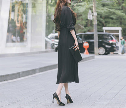 Elegant Women Pleated Long Sleeve Slim Waist A-line Dress