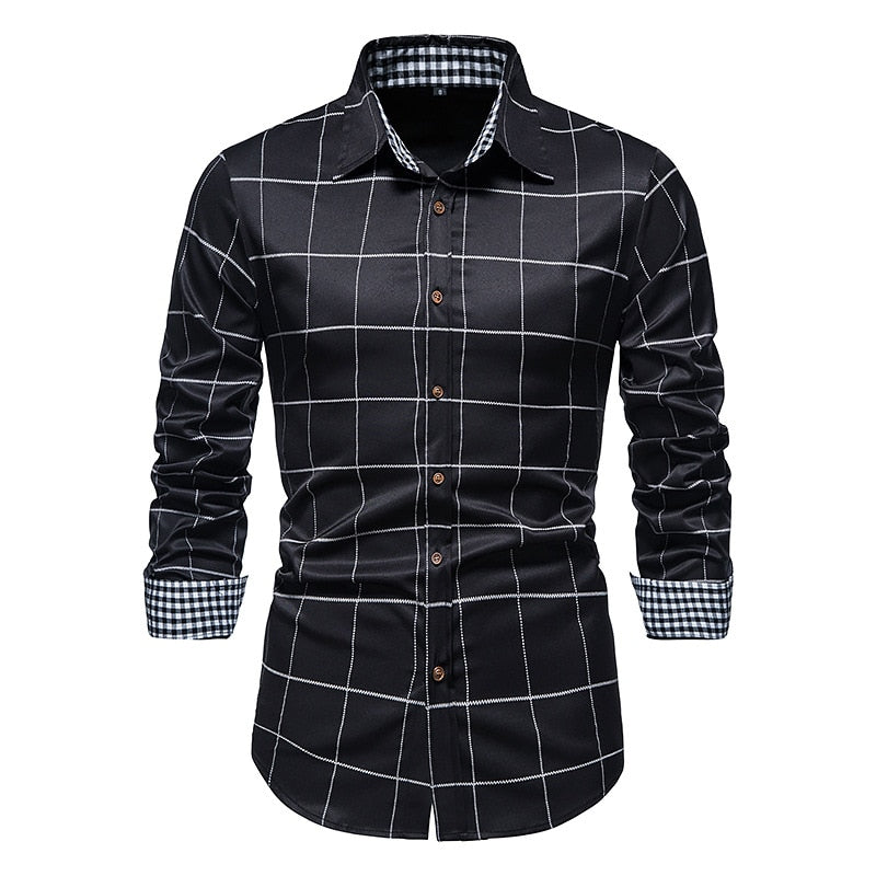 Men Plaid Patchwork Formal Slim Long Sleeve White Button Up Shirt