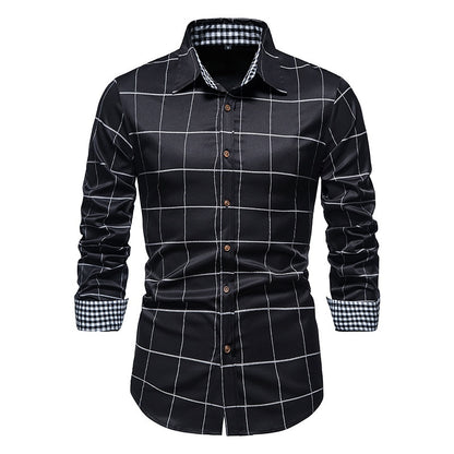 Men Plaid Patchwork Formal Slim Long Sleeve White Button Up Shirt