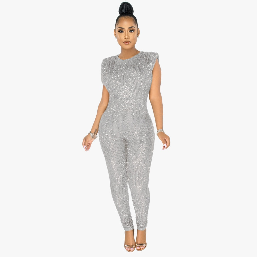 Sexy O-Neck Glitter Women Sleeveless Banquet Rompers