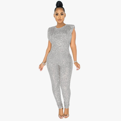 Sexy O-Neck Glitter Women Sleeveless Banquet Rompers