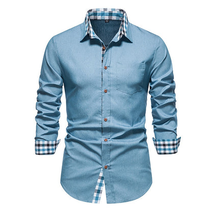Men Plaid Patchwork Formal Slim Long Sleeve White Button Up Shirt