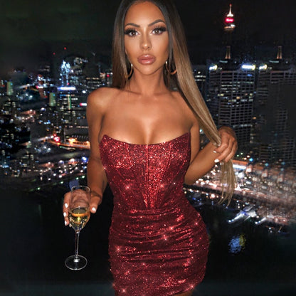 Women Sexy Bodycon Glitter Strapless Mini Dresses