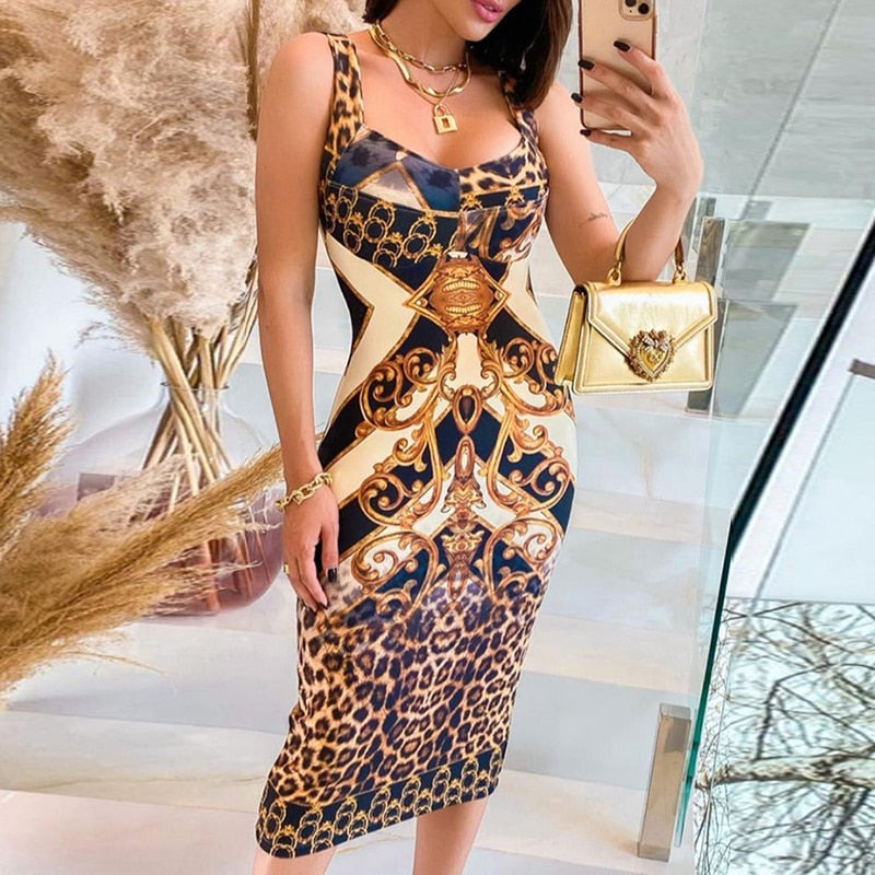 Woman Sexy Fashion Sleeveless Cheetah Print Colorblock Midi Dress
