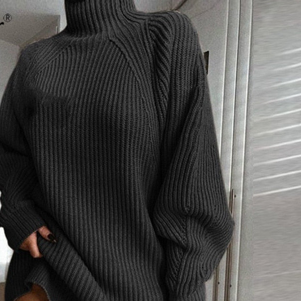 Turtleneck Long Sleeve Sweater Women Loose Tunic Knitted Casual Dresses