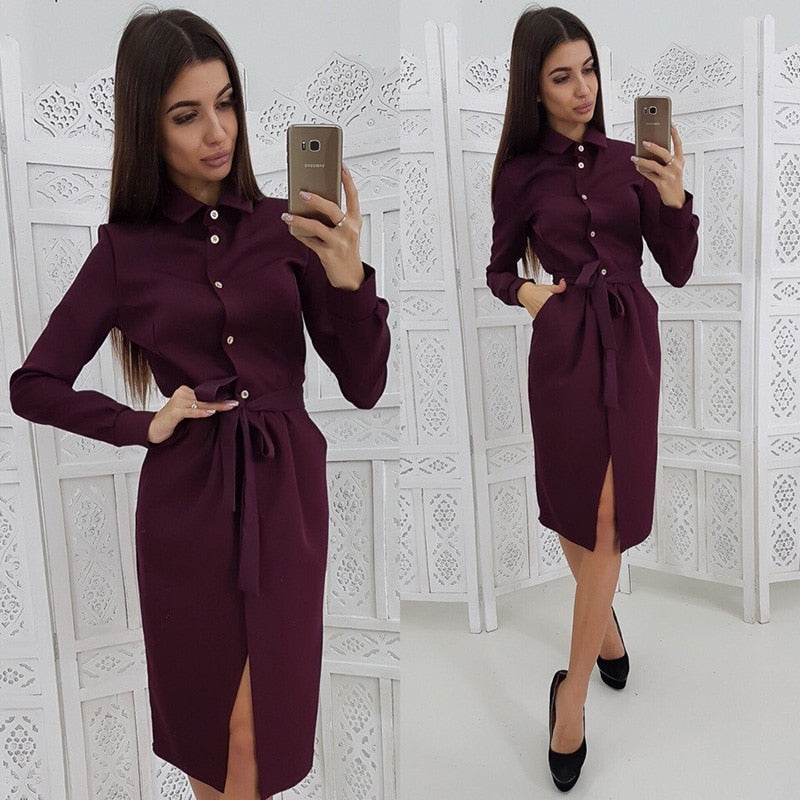 Women Vintage Front Solid Elegant Dress