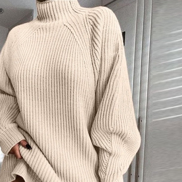 Turtleneck Long Sleeve Sweater Women Loose Tunic Knitted Casual Dresses
