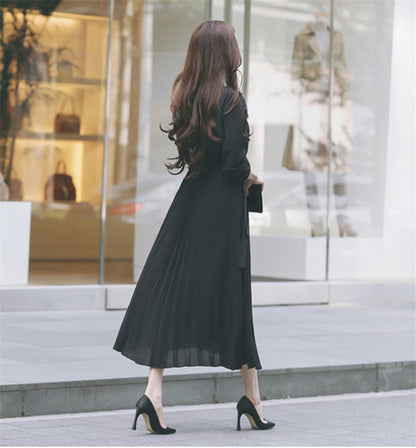 Elegant Women Pleated Long Sleeve Slim Waist A-line Dress