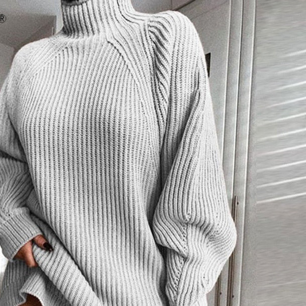 Turtleneck Long Sleeve Sweater Women Loose Tunic Knitted Casual Dresses
