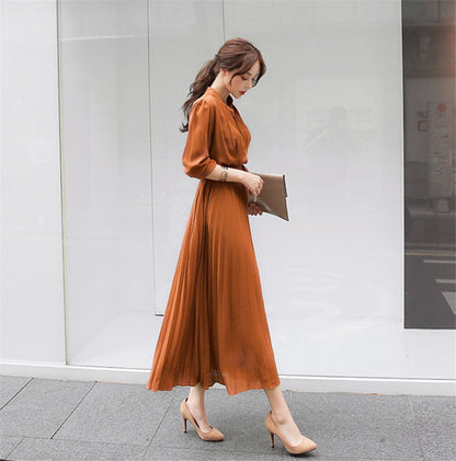 Elegant Women Pleated Long Sleeve Slim Waist A-line Dress