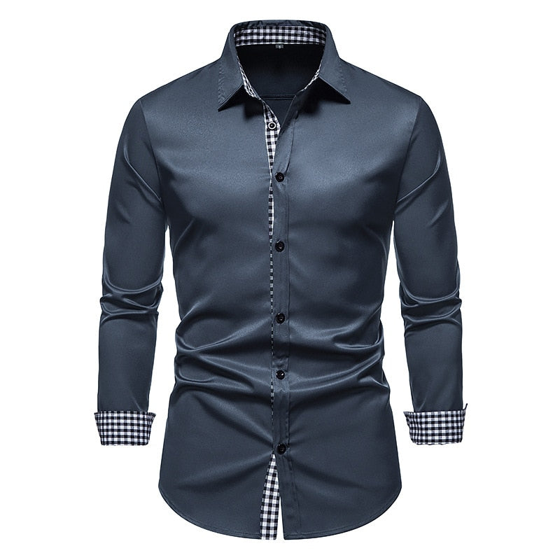Men Plaid Patchwork Formal Slim Long Sleeve White Button Up Shirt