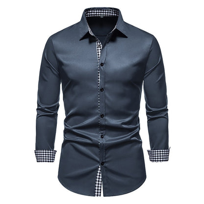 Men Plaid Patchwork Formal Slim Long Sleeve White Button Up Shirt