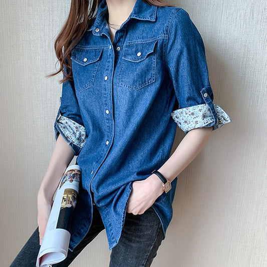 Women Long Sleeve Loose Cotton Denim Button Pockets Oversized Shirt