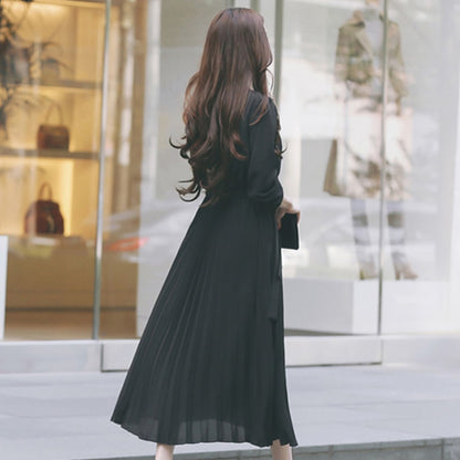 Elegant Women Pleated Long Sleeve Slim Waist A-line Dress