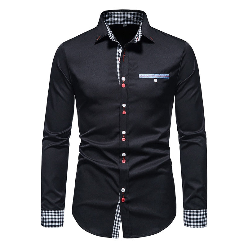 Men Plaid Patchwork Formal Slim Long Sleeve White Button Up Shirt