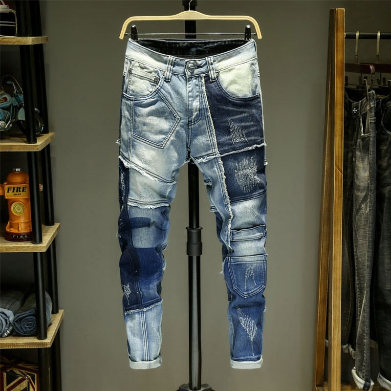 Men Ripped Biker Stretch Denim Pants Slim Fit