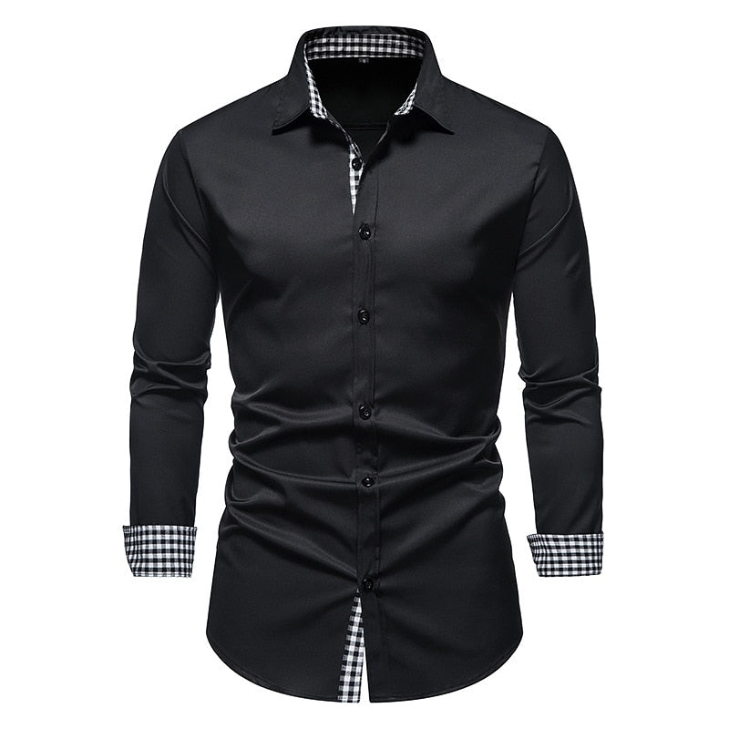 Men Plaid Patchwork Formal Slim Long Sleeve White Button Up Shirt