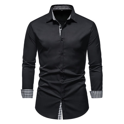 Men Plaid Patchwork Formal Slim Long Sleeve White Button Up Shirt