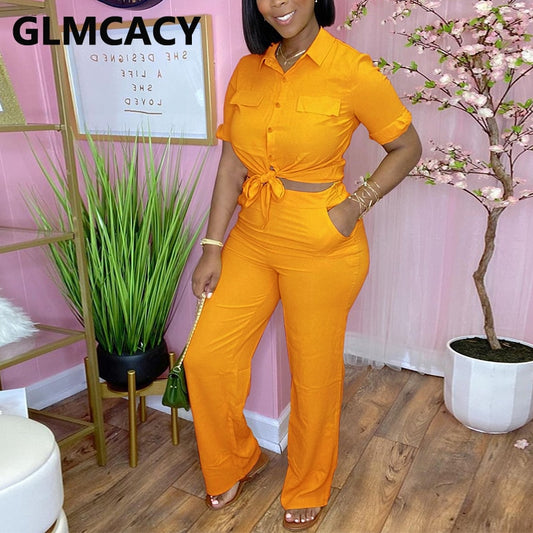 Two Piece Casual Suits Solid Button Down Shirt Top &amp; Slim Pant Set