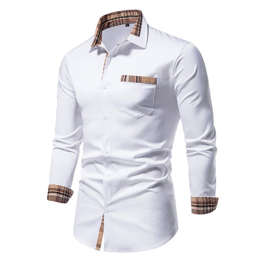 Men Plaid Patchwork Formal Slim Long Sleeve White Button Up Shirt