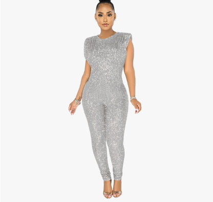 Sexy O-Neck Glitter Women Sleeveless Banquet Rompers