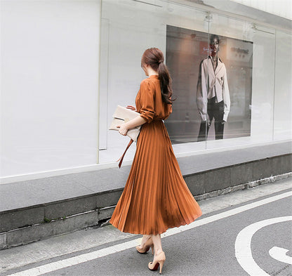 Elegant Women Pleated Long Sleeve Slim Waist A-line Dress