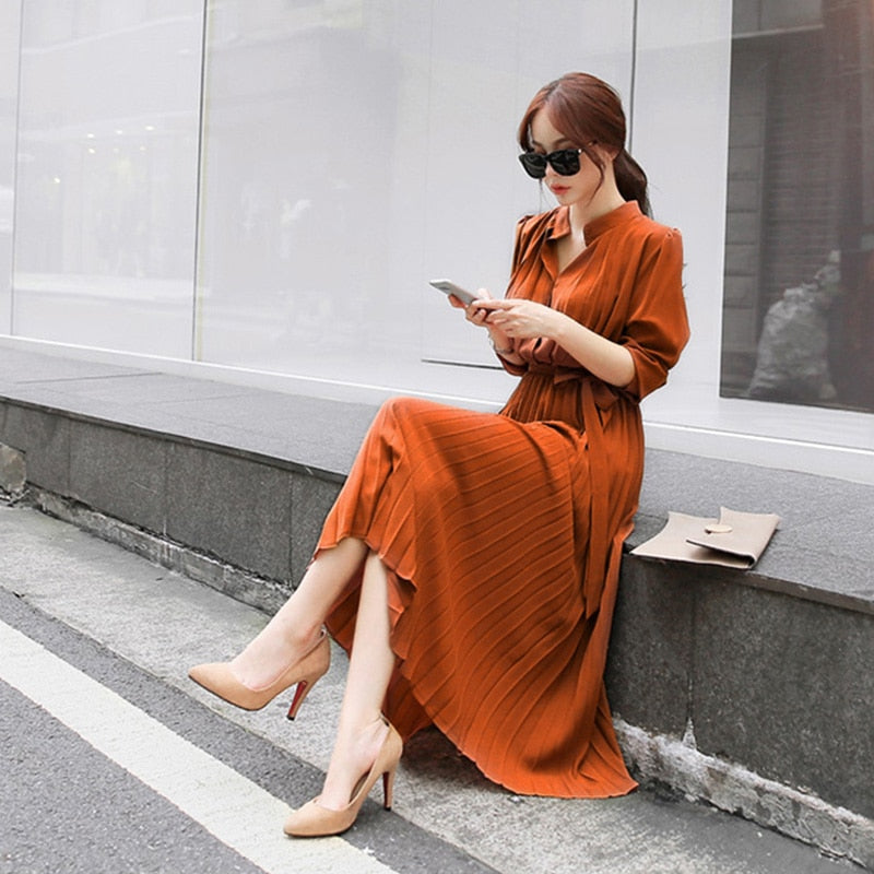 Elegant Women Pleated Long Sleeve Slim Waist A-line Dress