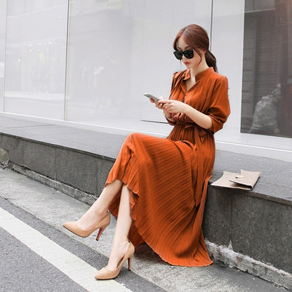 Elegant Women Pleated Long Sleeve Slim Waist A-line Dress