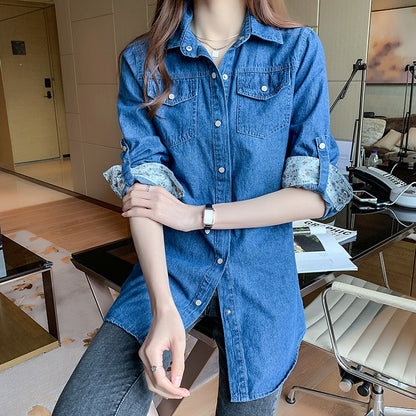 Women Long Sleeve Loose Cotton Denim Button Pockets Oversized Shirt