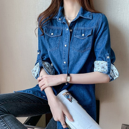 Women Long Sleeve Loose Cotton Denim Button Pockets Oversized Shirt