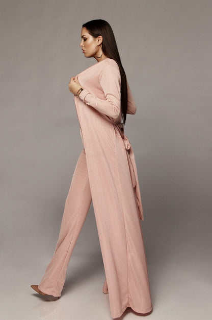 Women Bandage Long Sleeve Cardigan Loose Wide Leg 3 Piece Pant Set