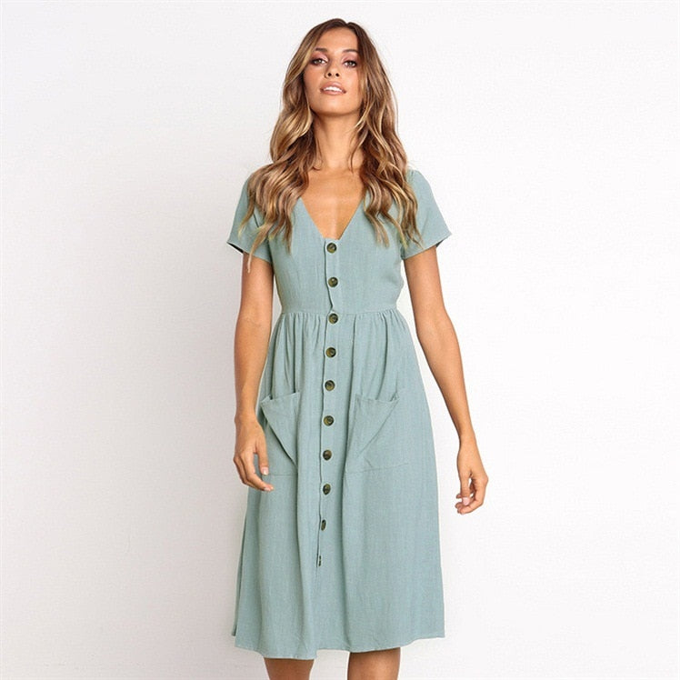 Women Boho Summer Cotton Linen Vintage Beach V Neck Dress