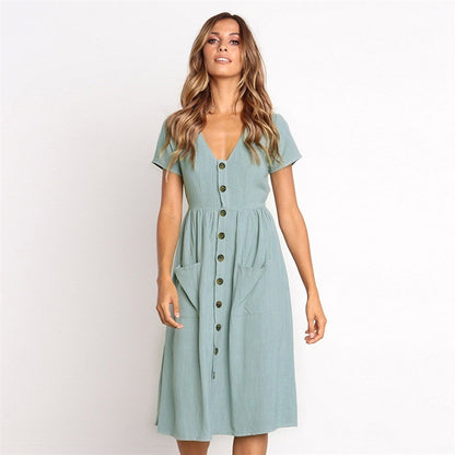 Women Boho Summer Cotton Linen Vintage Beach V Neck Dress