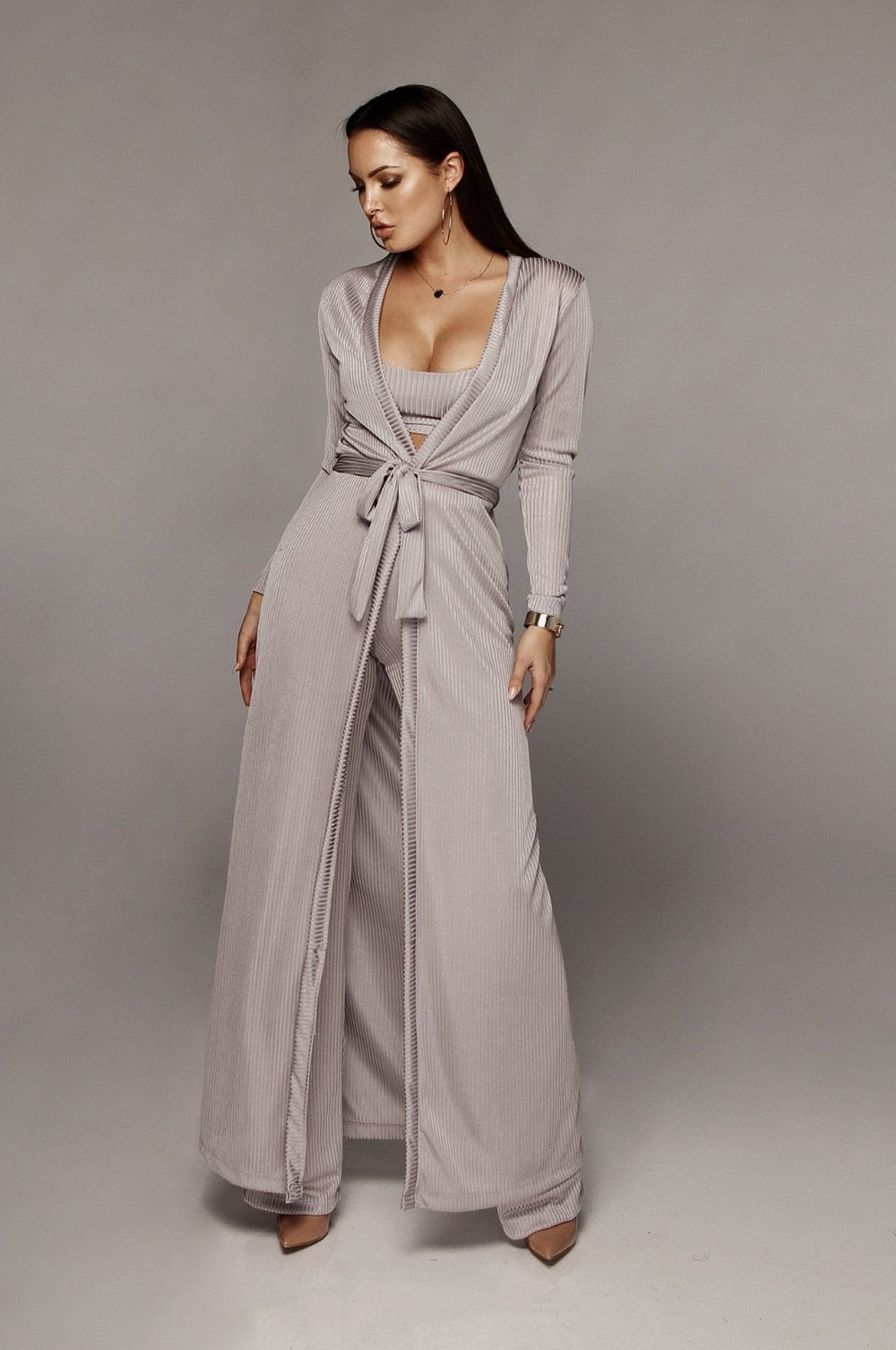 Women Bandage Long Sleeve Cardigan Loose Wide Leg 3 Piece Pant Set