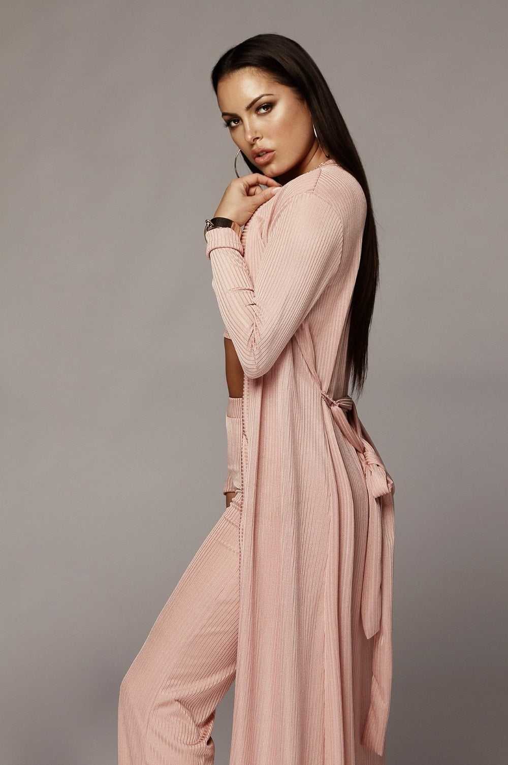 Women Bandage Long Sleeve Cardigan Loose Wide Leg 3 Piece Pant Set