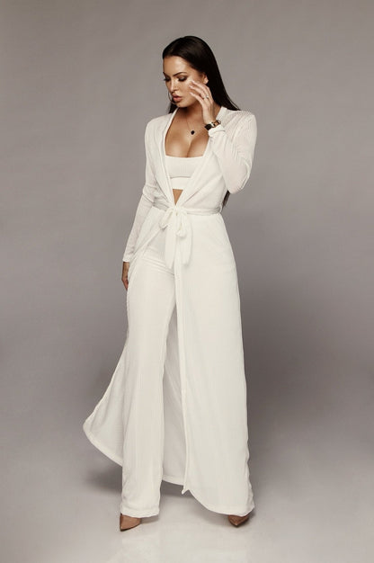 Women Bandage Long Sleeve Cardigan Loose Wide Leg 3 Piece Pant Set