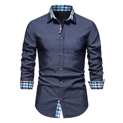 Men Plaid Patchwork Formal Slim Long Sleeve White Button Up Shirt