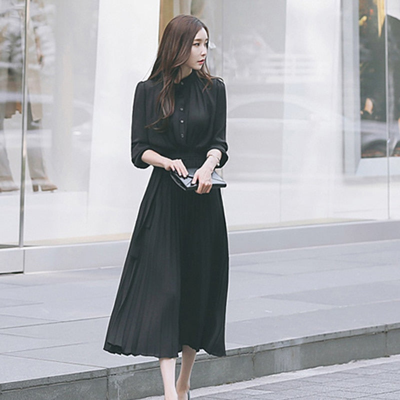 Elegant Women Pleated Long Sleeve Slim Waist A-line Dress