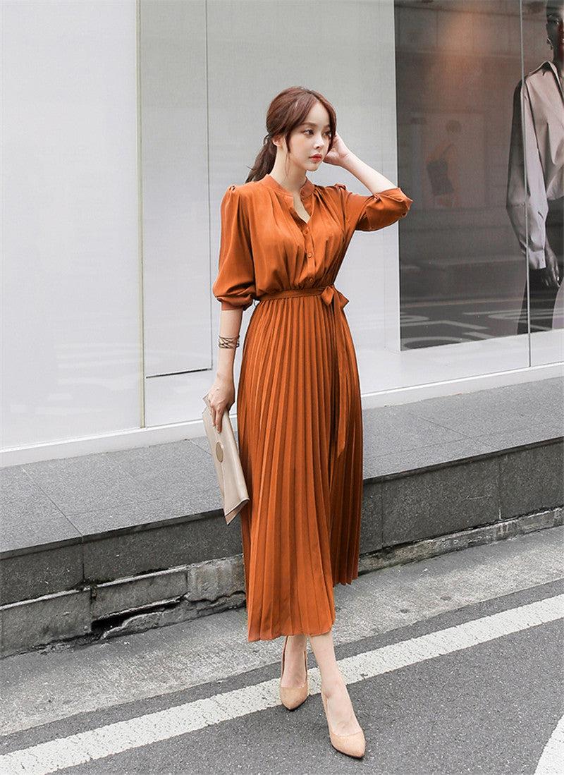 Elegant Women Pleated Long Sleeve Slim Waist A-line Dress