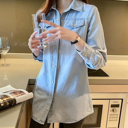 Women Long Sleeve Loose Cotton Denim Button Pockets Oversized Shirt