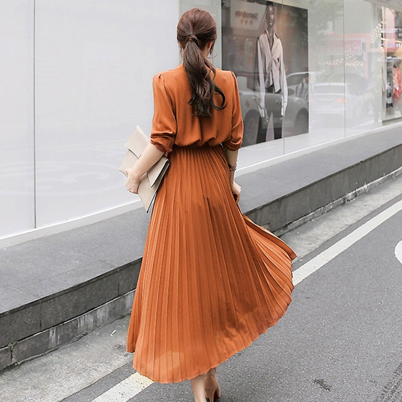 Elegant Women Pleated Long Sleeve Slim Waist A-line Dress