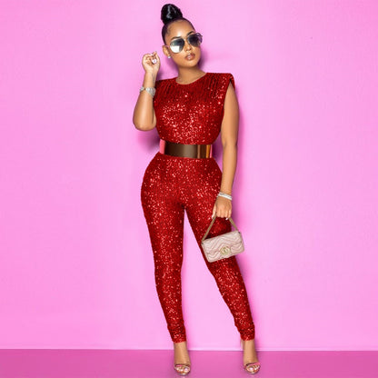 Sexy O-Neck Glitter Women Sleeveless Banquet Rompers