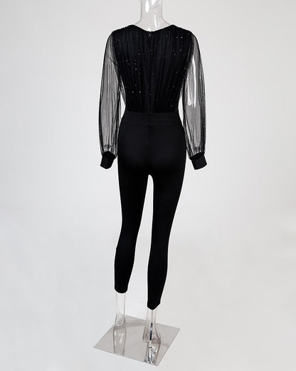 Women Sheer Mesh Glitter Long Sleeve V Neck Jumpsuit