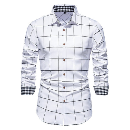 Men Plaid Patchwork Formal Slim Long Sleeve White Button Up Shirt