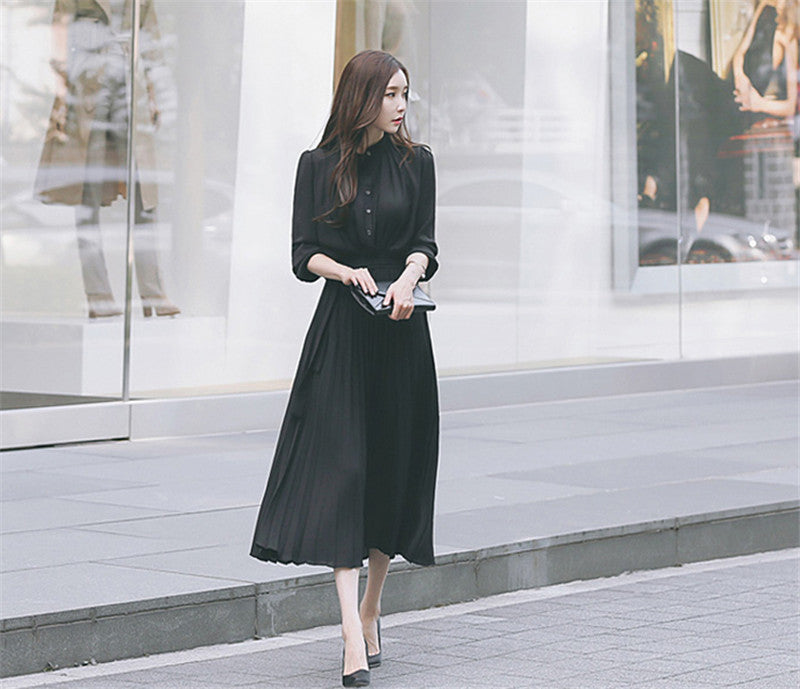 Elegant Women Pleated Long Sleeve Slim Waist A-line Dress