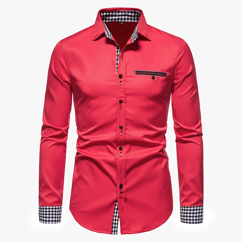 Men Plaid Patchwork Formal Slim Long Sleeve White Button Up Shirt
