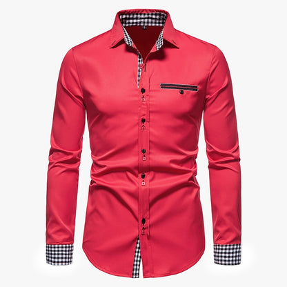 Men Plaid Patchwork Formal Slim Long Sleeve White Button Up Shirt