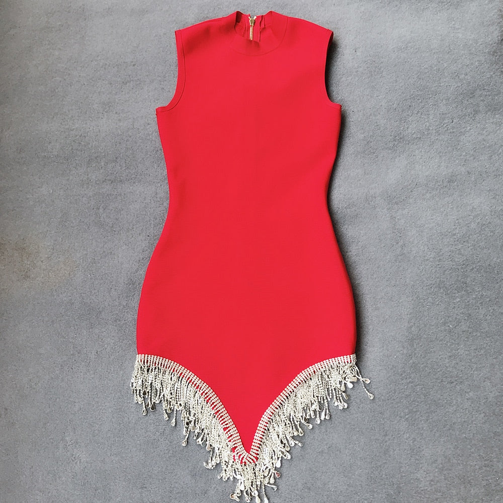 New Women Round Neck Irregular Rhinestone Tassel Multicolor Skinny Sleeveless Dress